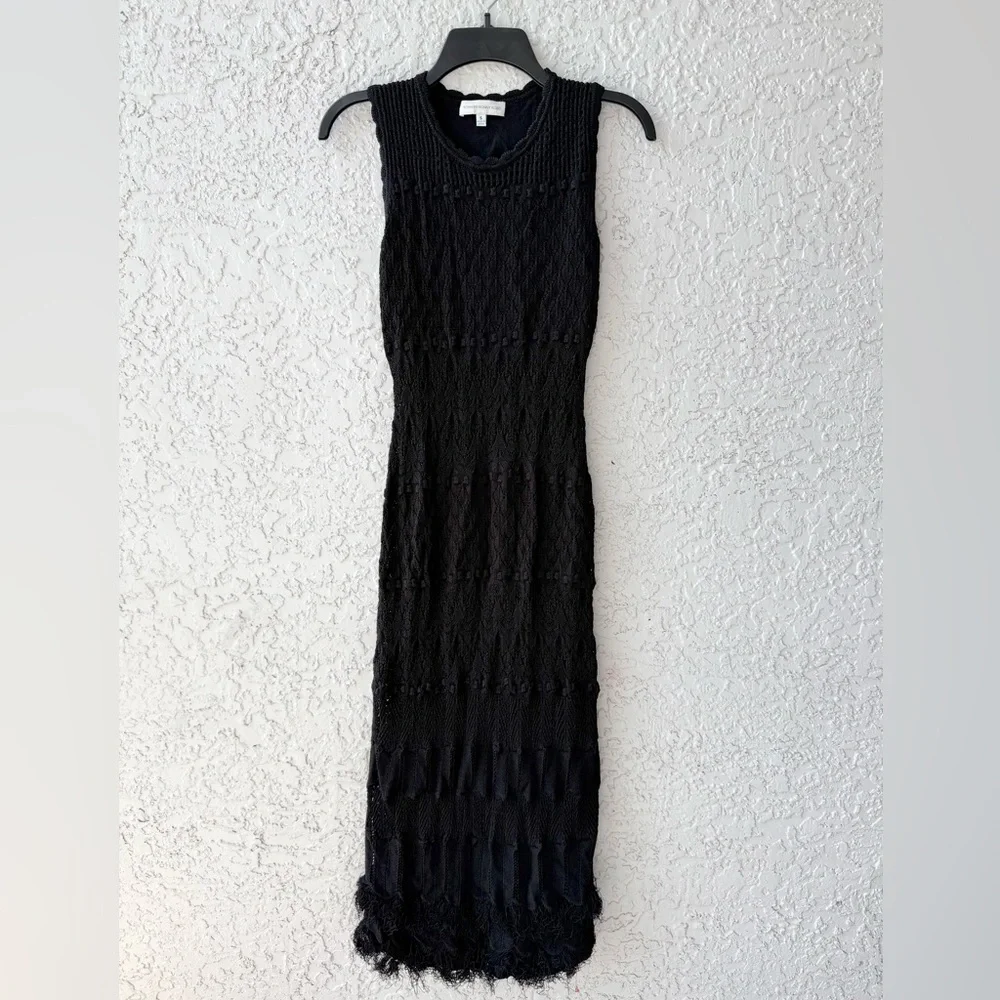 Torn By Ronny Kobo Ryan Black Crochet Knit Fringe Midi Dress Small